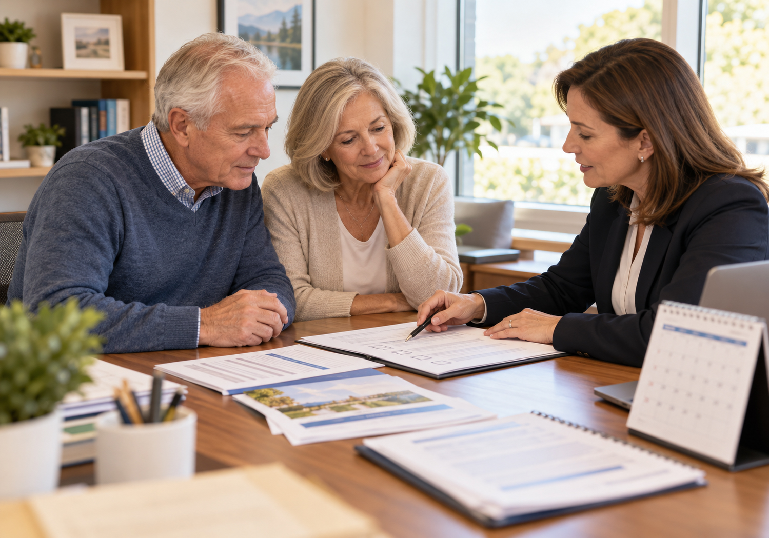 Senior couple reviewing Medicare coverage documents with an insurance advisor before renewing for 2027